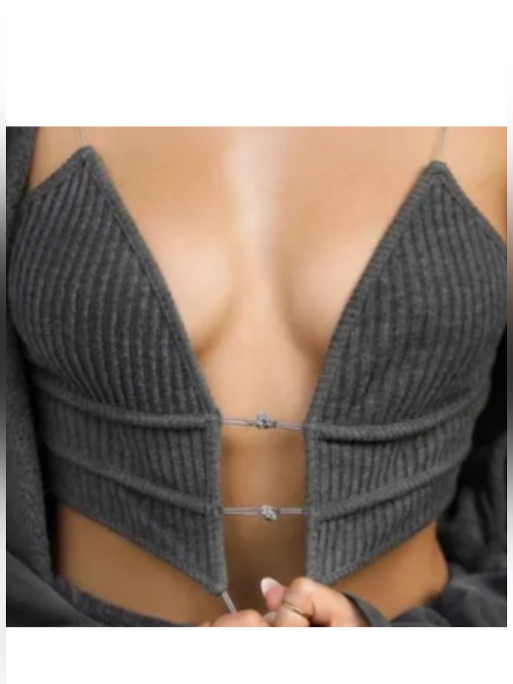 Joah Brown Cropped Triangle Luce Knit Bra Cami S/M Charcoal Grey - Picture 2 of 7